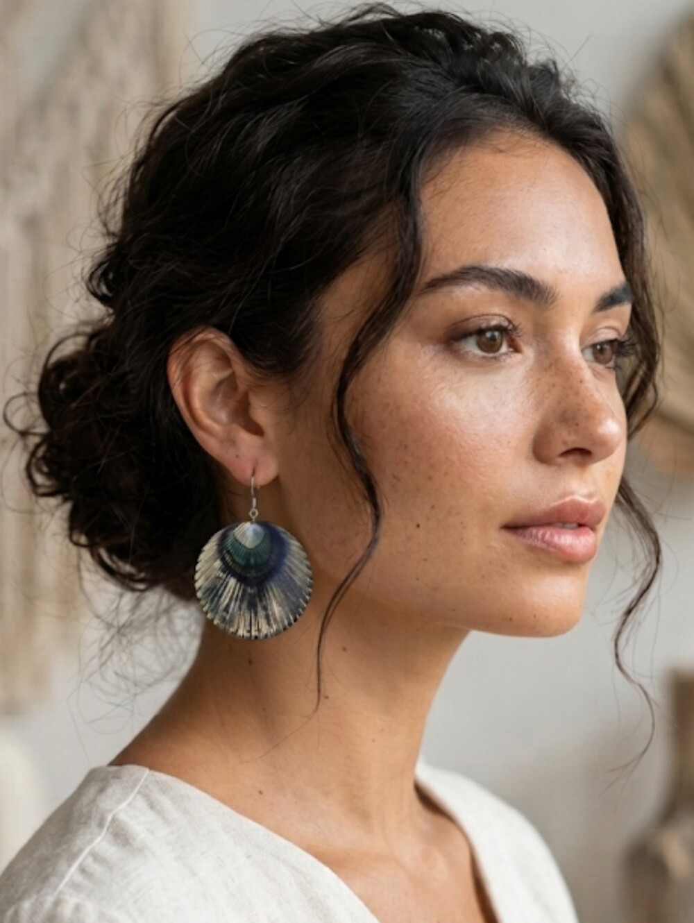 Iridescent Sea Shell Metal Dangle Earrings Silver, Blue, Gold Beach Coastal